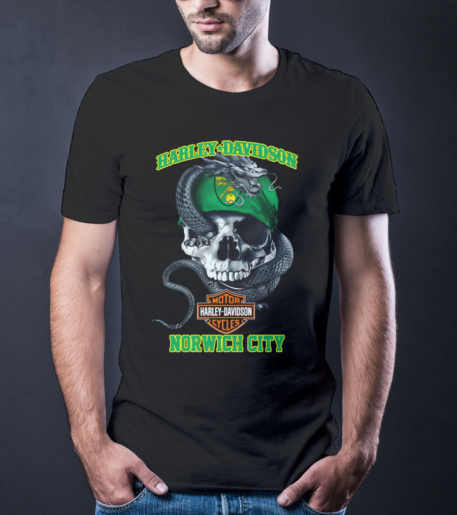 Harley Davidson Motor Cycles Skull Snake Norwich City T-Shirt
