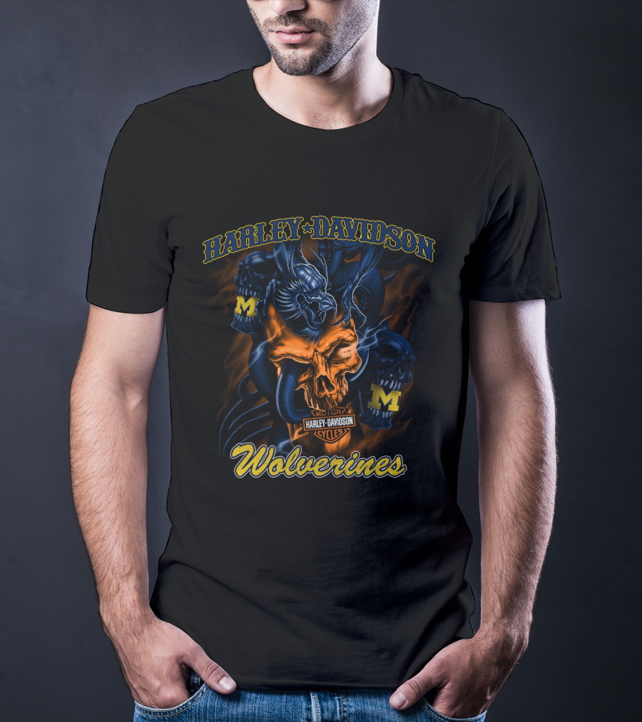 Harley Davidson Michigan Wolverine Skulls With Hd T-Shirt