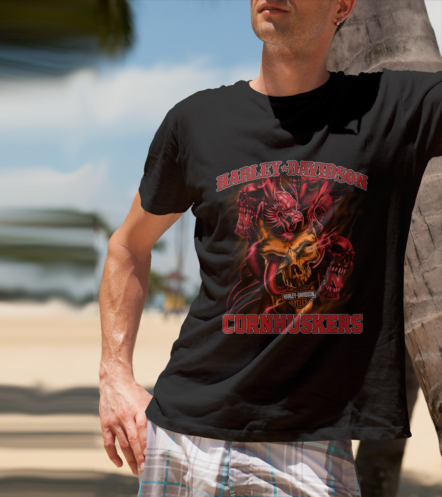 Harley Davidson Cornhuskers Skull And Dragon T-Shirt