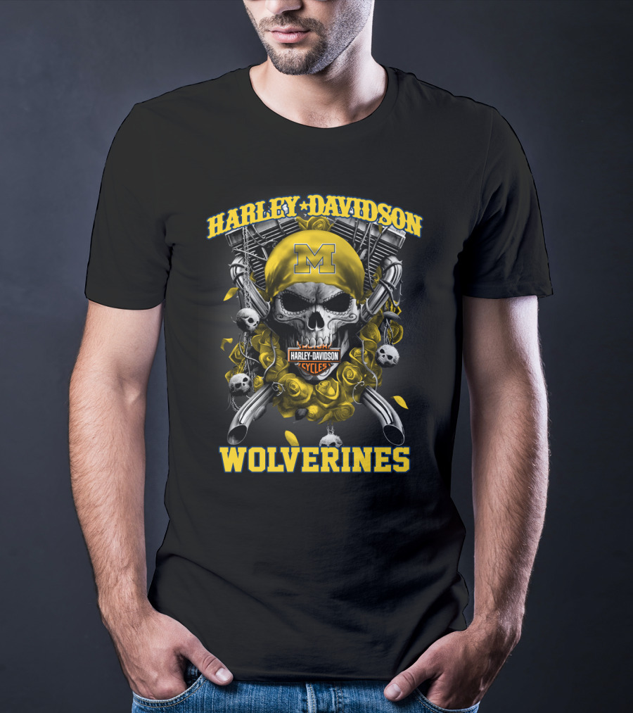 Harley Davidson Michigan Wolverines Skull Rose M Cycles T-Shirt