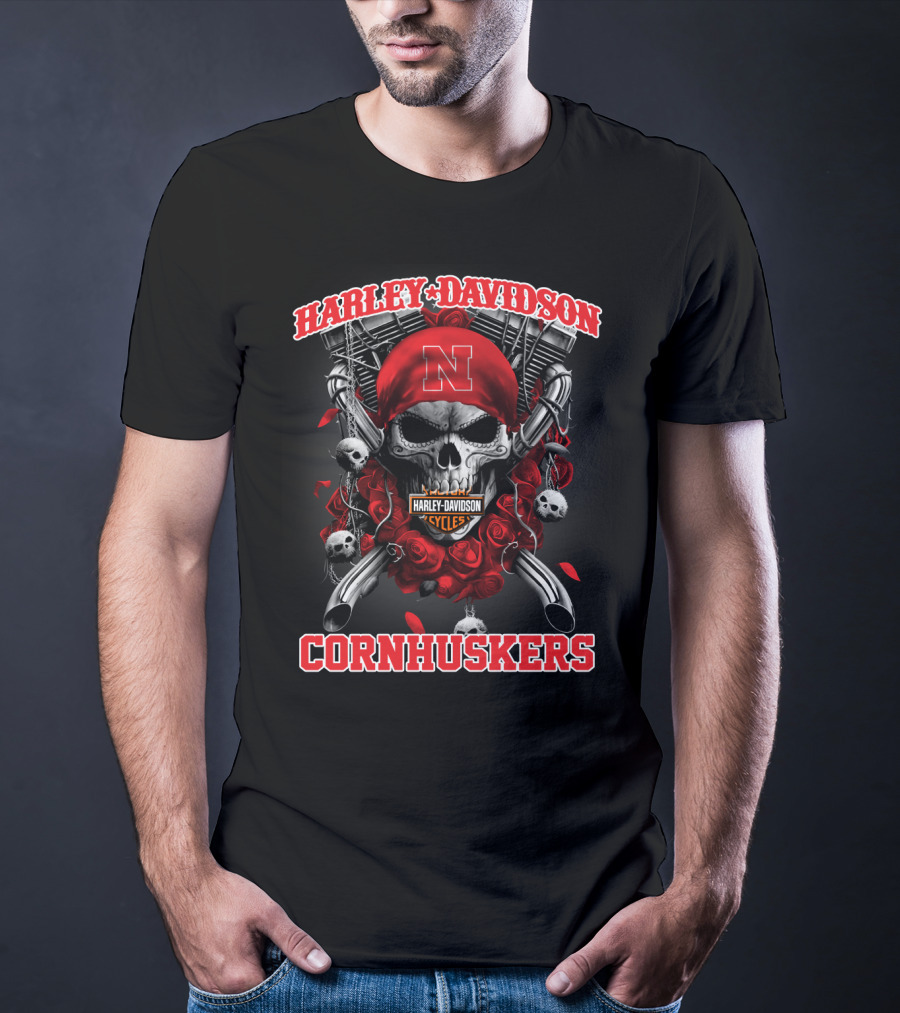 Harley Davidson Nebraska Cornhuskers Skull And Roses T-Shirt