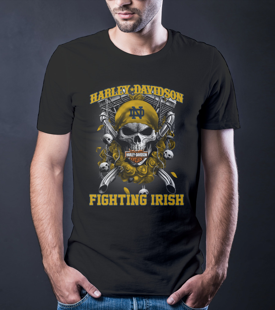 Harley Davidson Notre Dame Fighting Irish Skull And Pistons T-Shirt