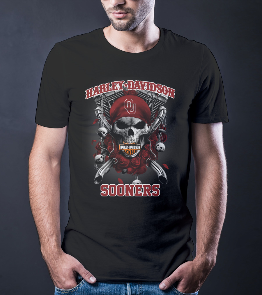 Harley Davidson Cycles Oklahoma Sooners Ou Skull Roses T-Shirt
