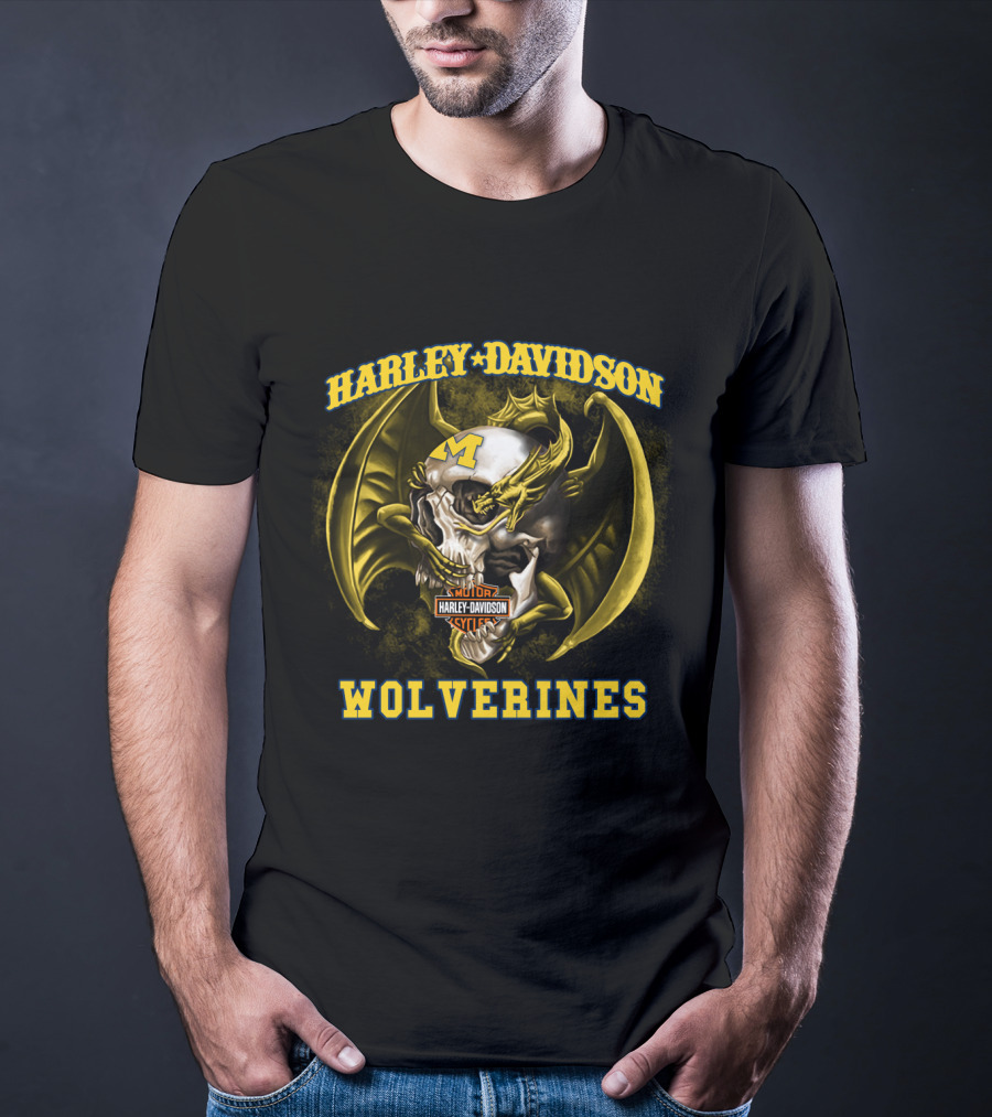 Harley Davidson Michigan Wolverines Skull With Dragon And Motor Cycles T-Shirt