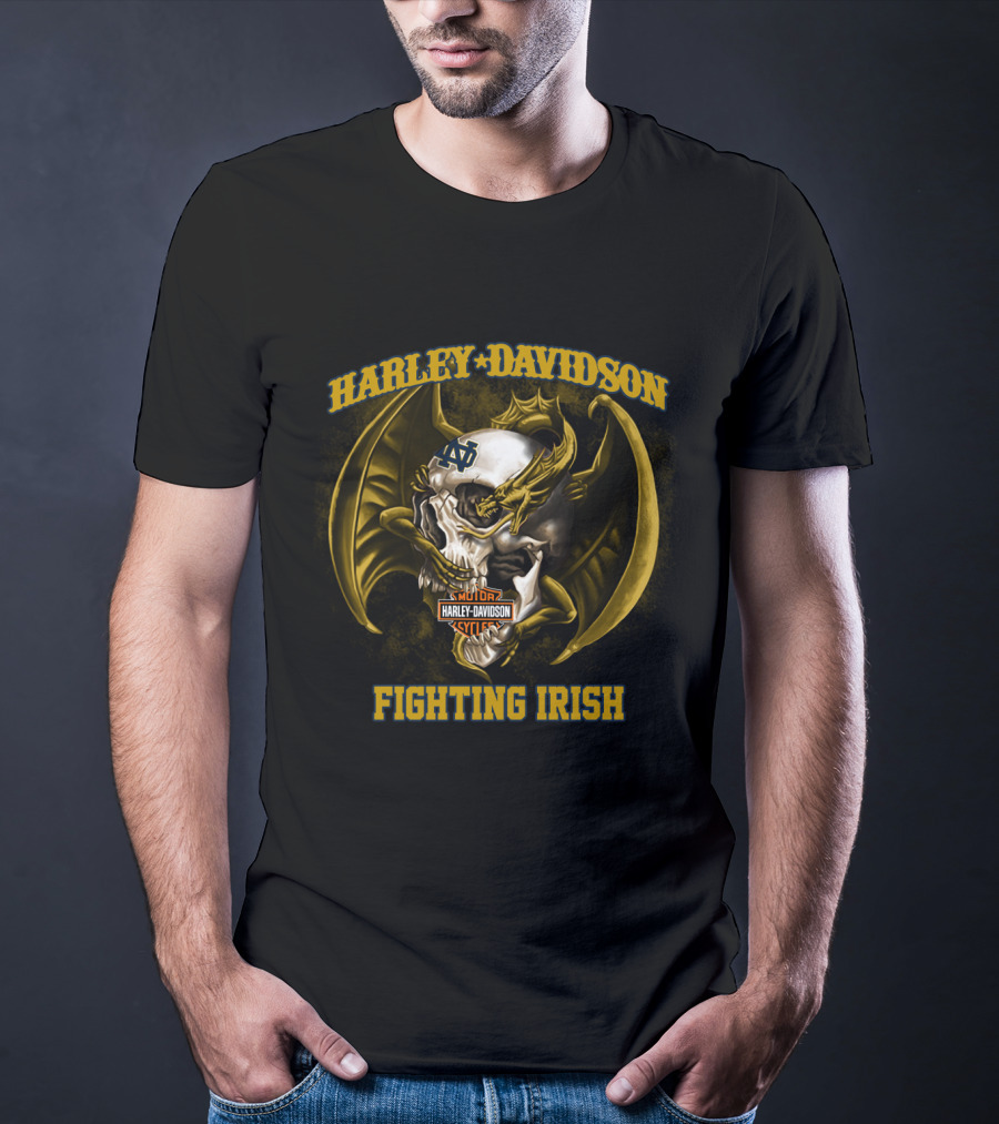 Harley Davidson Notre Dame Fighting Irish Skull And Wings T-Shirt