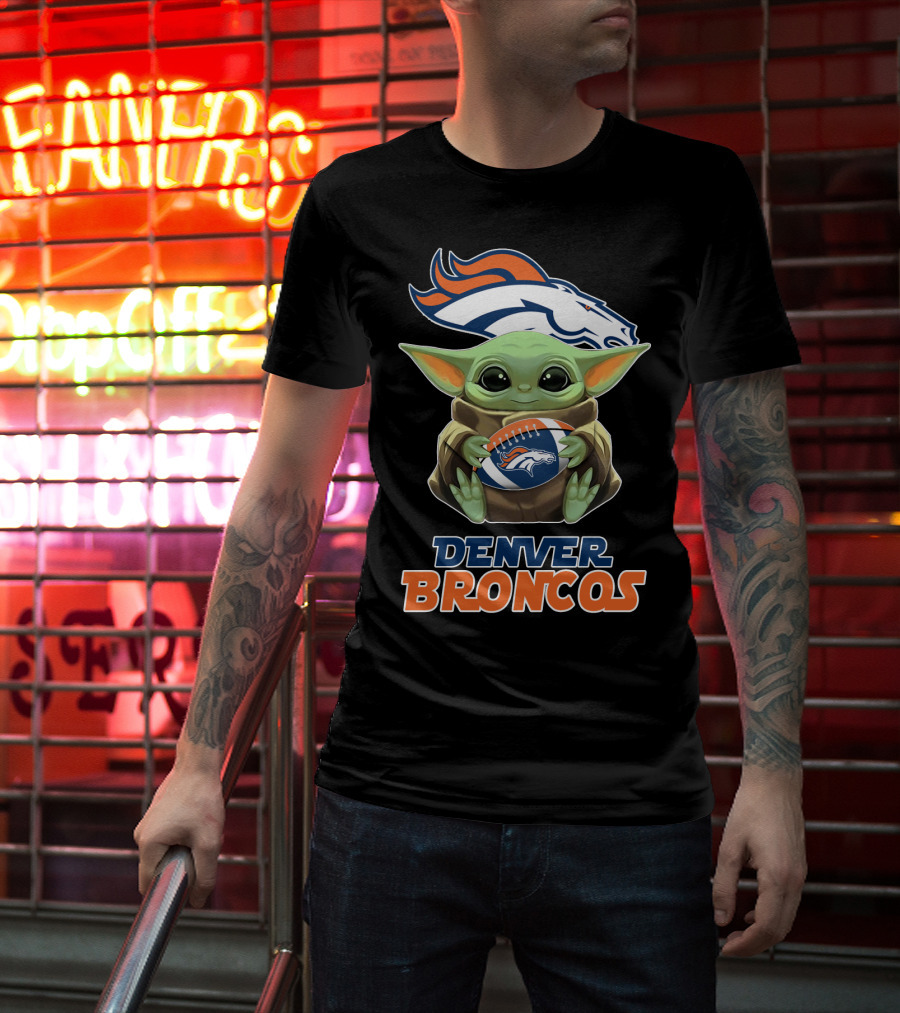 Denver Broncos Grogu Holding Football T-Shirt