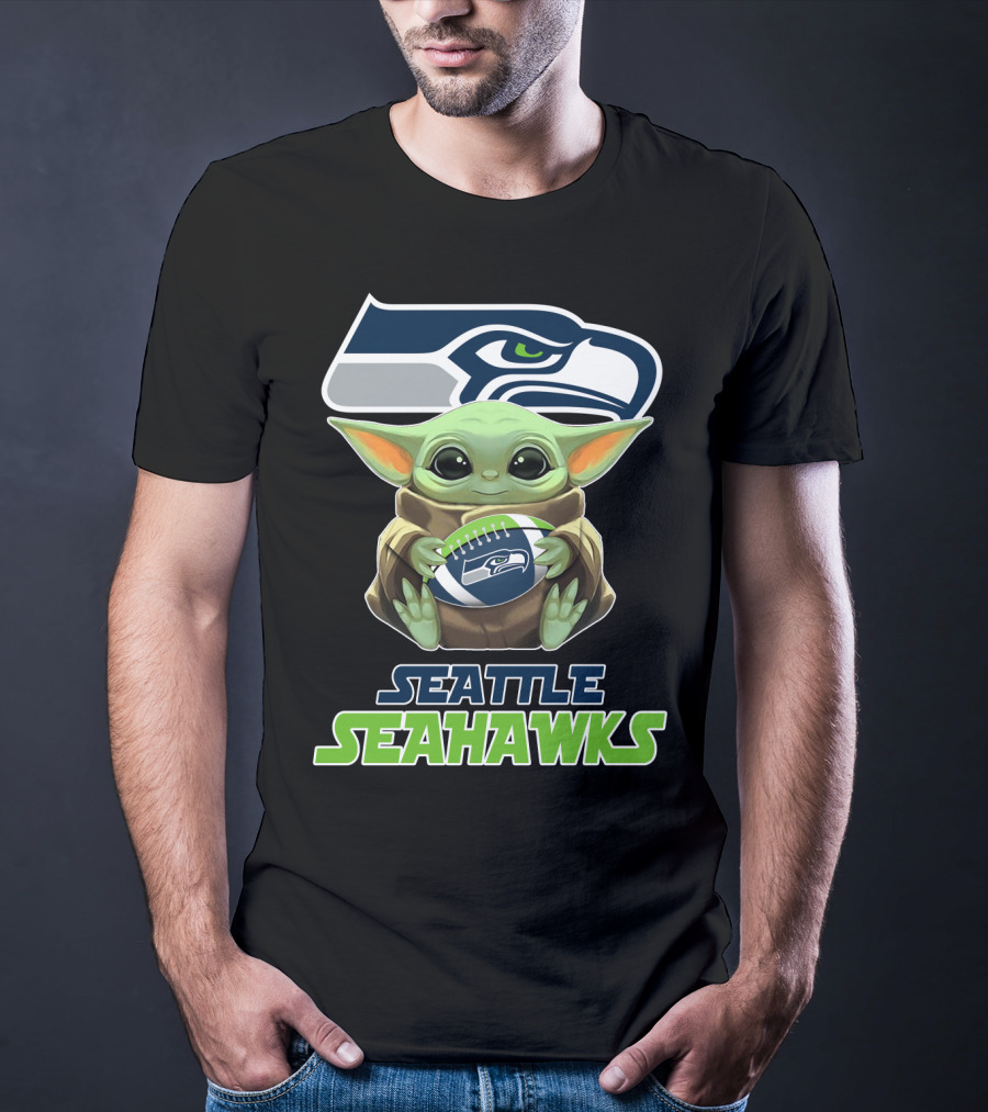 Seattle Seahawks Baby Yoda Holding Football Fan T-Shirt