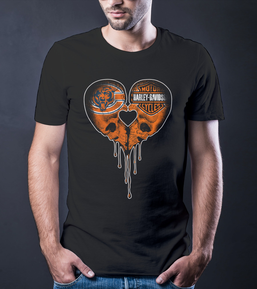 Chicago Bears Harley Davidson Skull Heart Dripping Ink T-Shirt