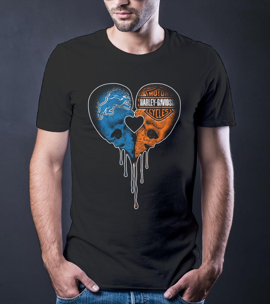 Detroit Lions And Harley Davidson Skulls Heart Fusion T-Shirt