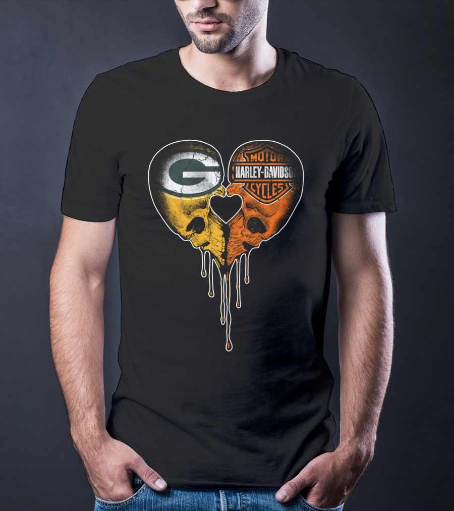 Green Bay Packers Harley Davidson Heart Skulls T-Shirt