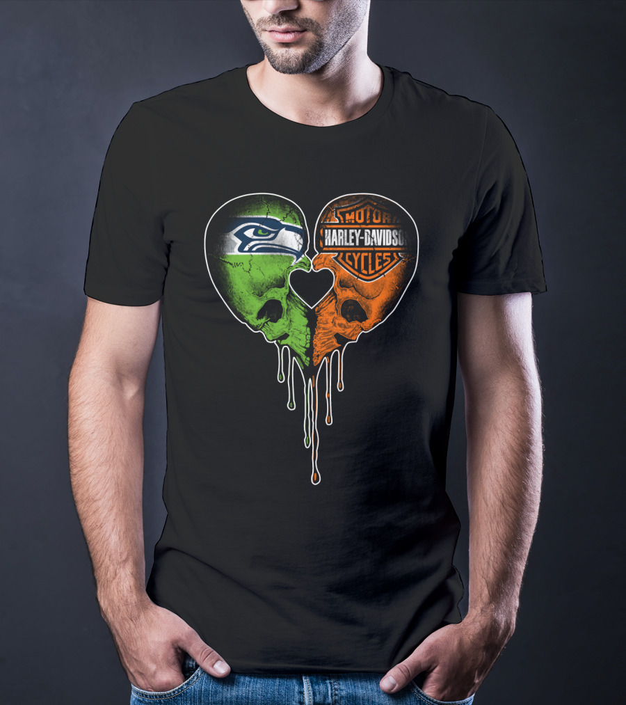 Seattle Seahawks Harley Davidson Heart Skull Drip T-Shirt