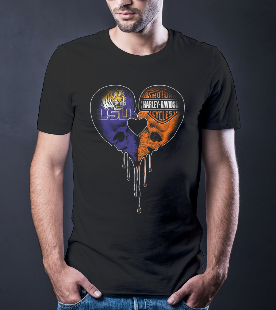 Lsu Tigers And Harley Davidson Heart Skull Fusion T-Shirt