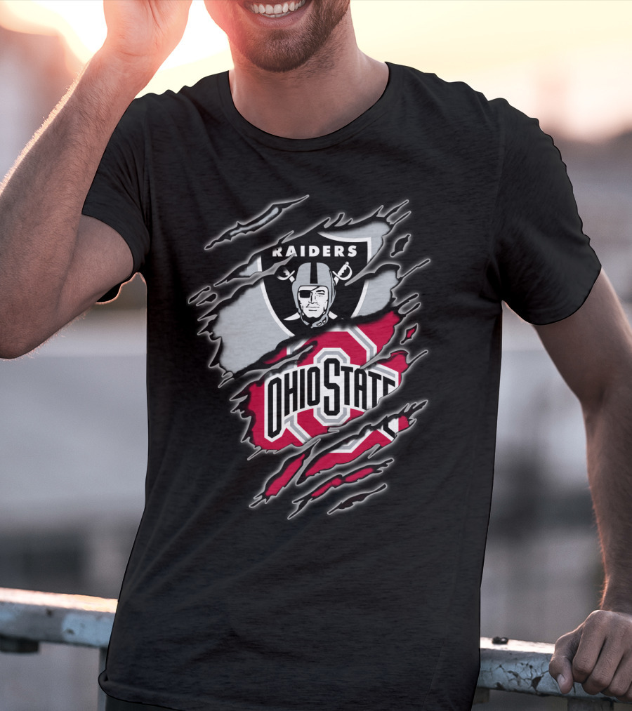 Raiders And Ohio State Fan Emblem Tear T-Shirt