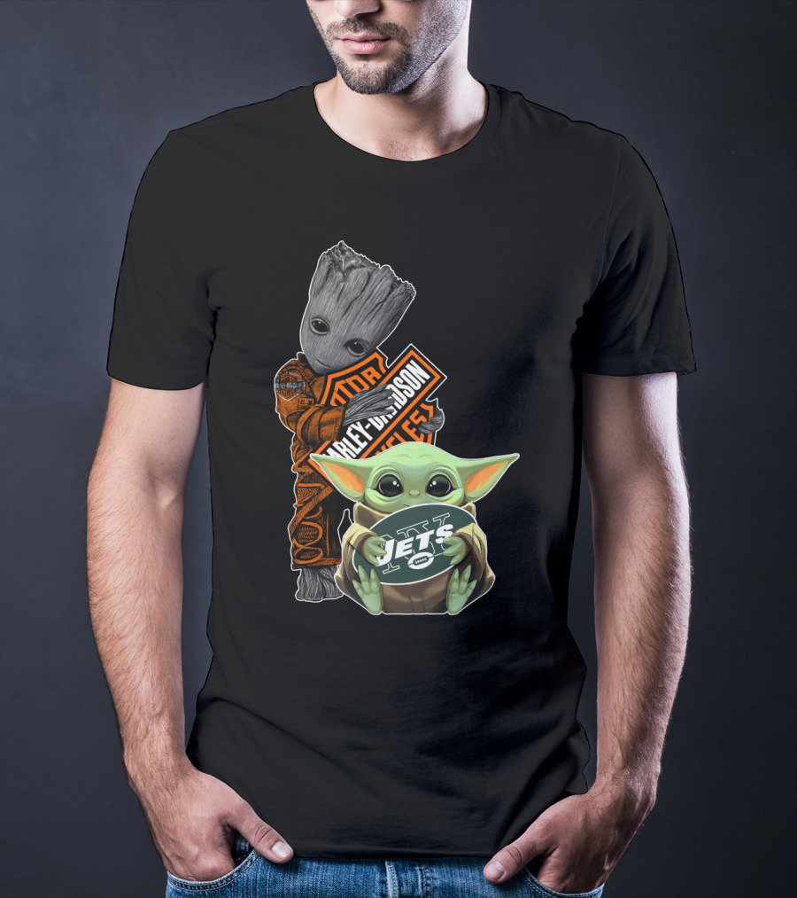 Groot Harley Davidson And Baby Yoda Jets Fan Collaboration T-Shirt