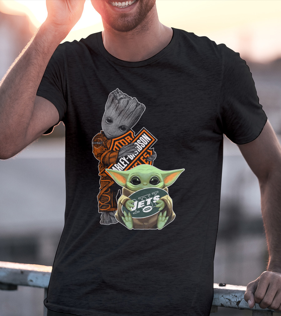 Groot Harley Davidson And Baby Yoda Jets Fan Collaboration T-Shirt