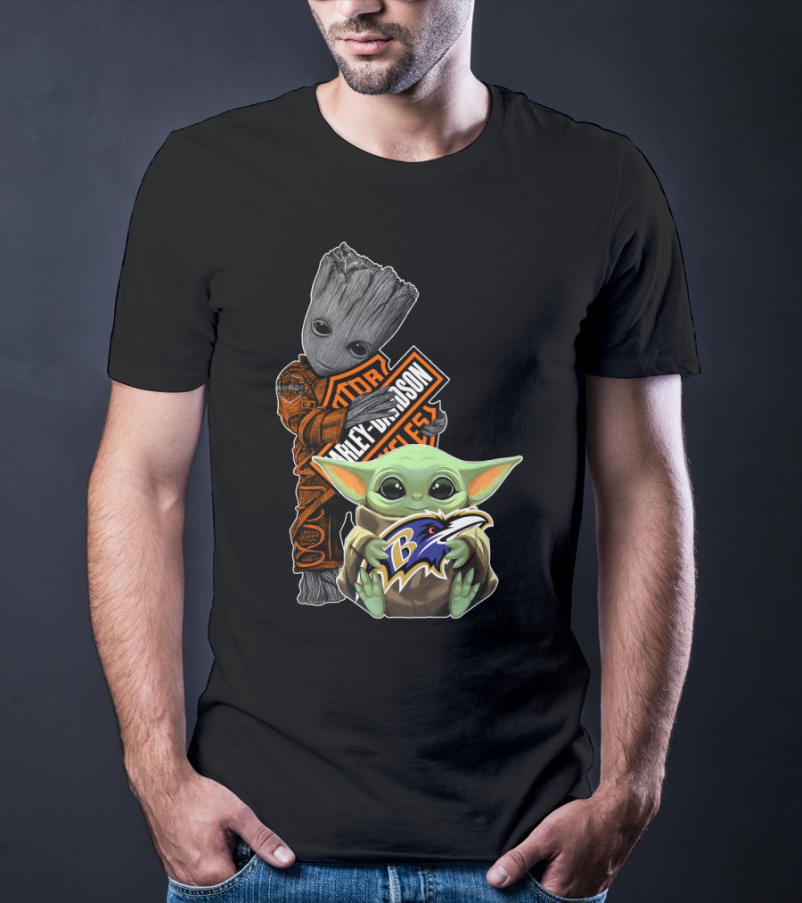 Harley Davidson Groot And Baltimore Ravens Baby Yoda T-Shirt