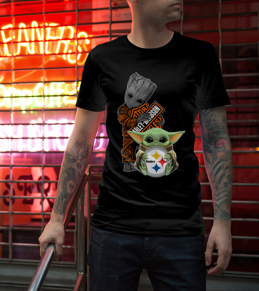 Baby Yoda And Groot Harley Davidson Steelers Crossover T-Shirt