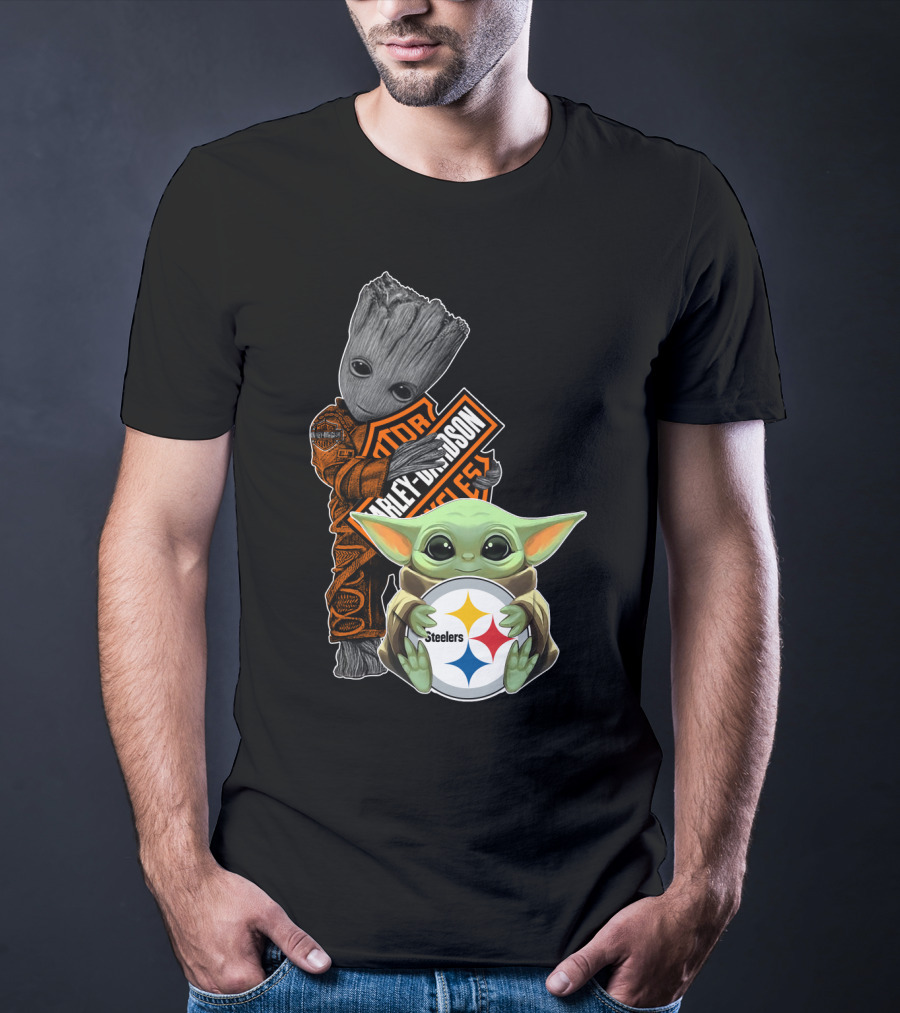 Baby Yoda And Groot Harley Davidson Steelers Crossover T-Shirt
