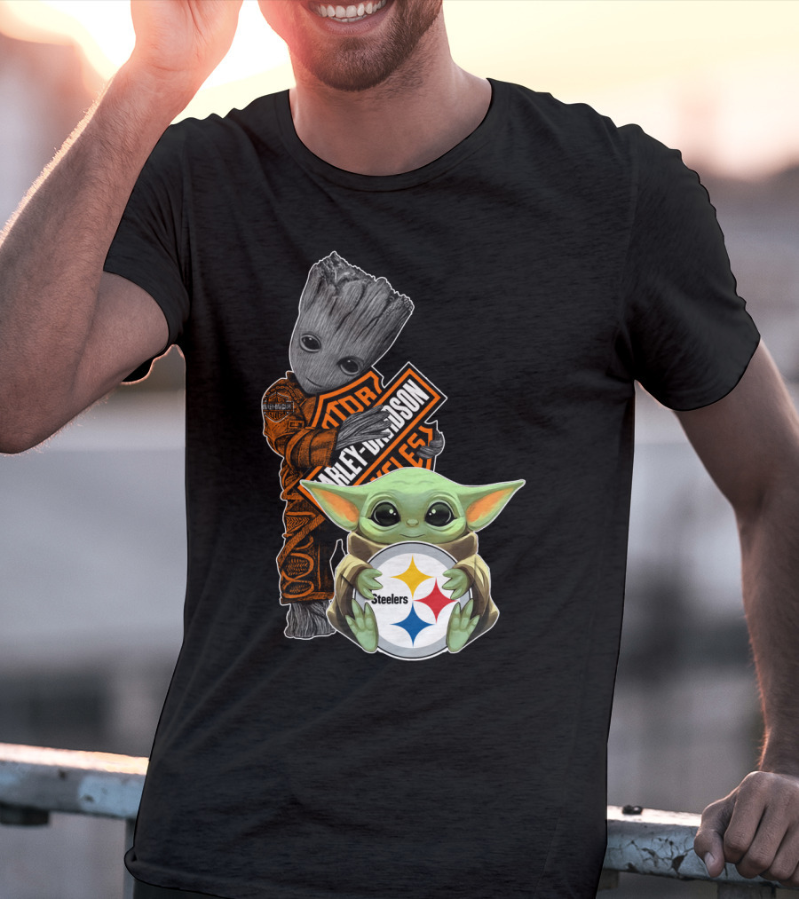 Baby Yoda And Groot Harley Davidson Steelers Crossover T-Shirt