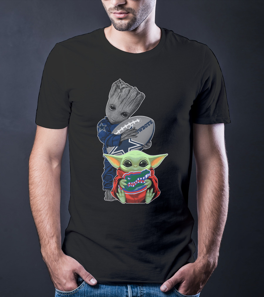 Cowboys Groot With Football And Baby Gator Yoda Gators T-Shirt