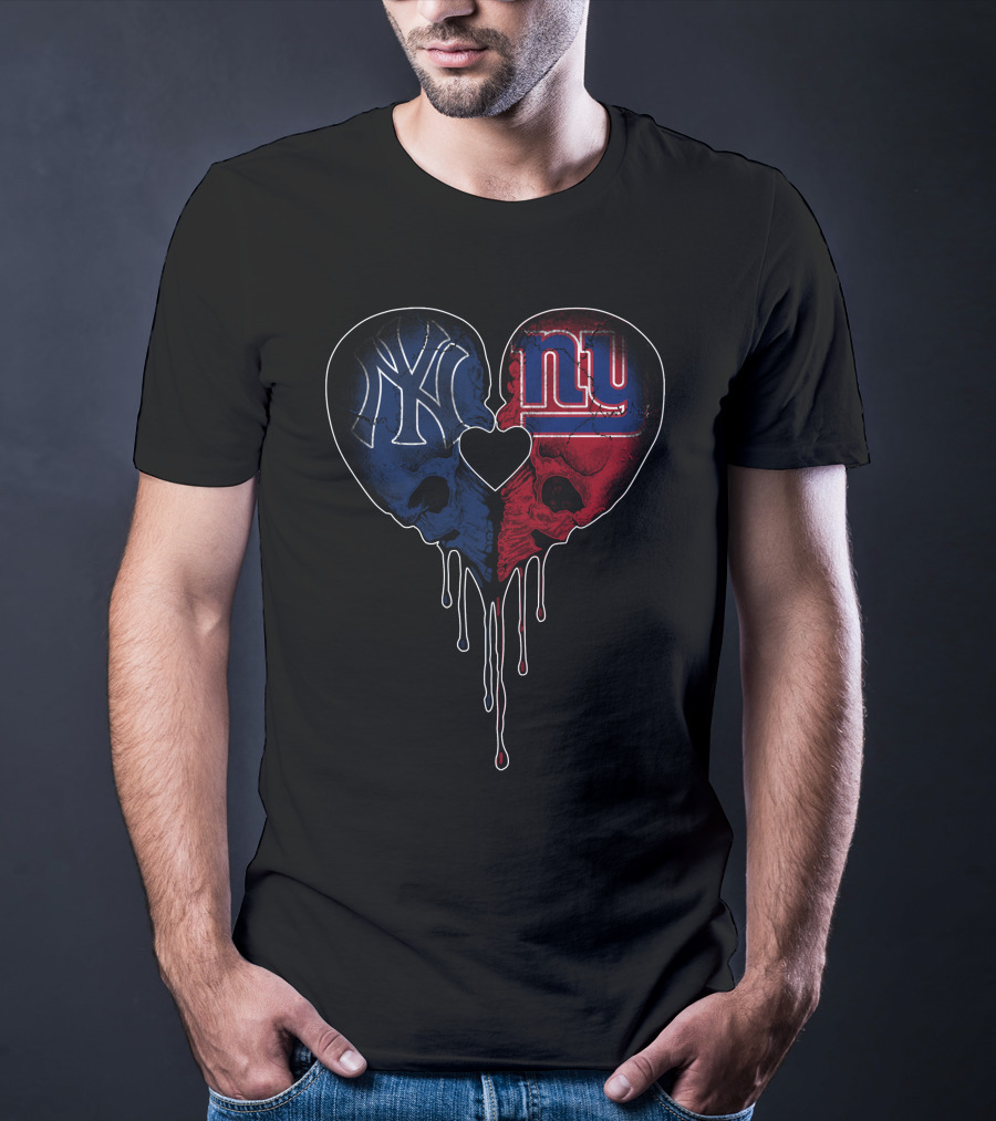 Yankees Giants Heart Skull Dripping Logos Blue Red Black T-Shirt