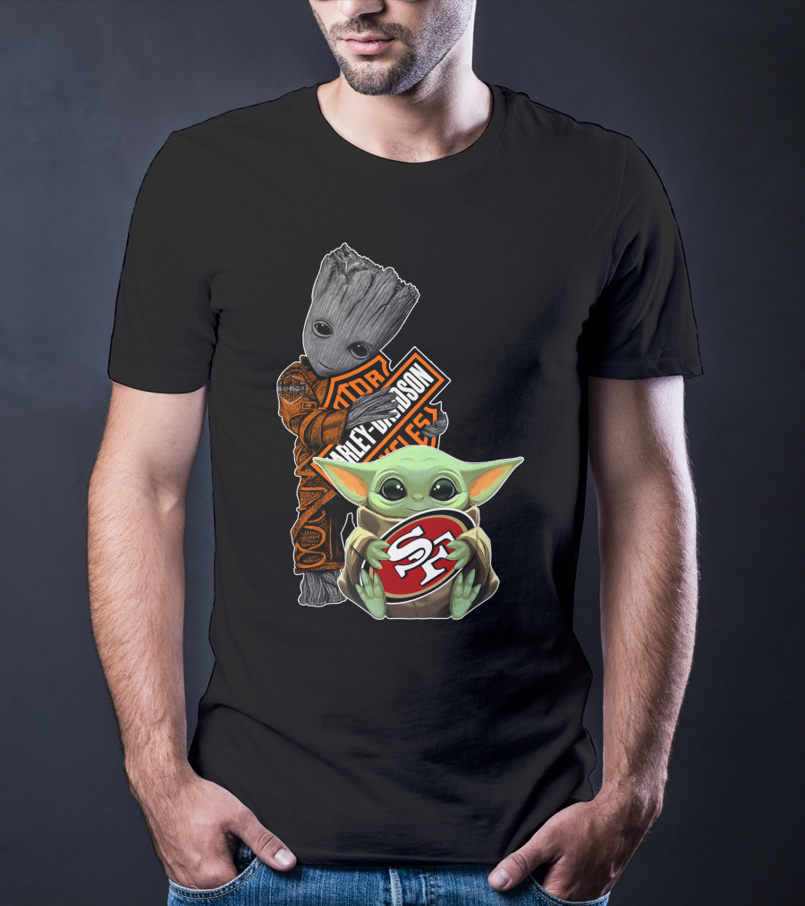 49ers S-F Logo Harley Davidson Orange Black Star Wars Groot Baby Yoda T-Shirt
