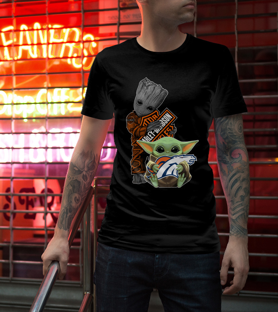 Baby Yoda Holding Broncos Logo Harley Davidson Guardians Of Galaxy Crossover T-Shirt