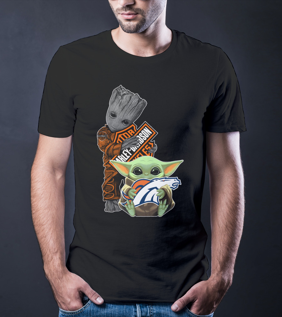 Baby Yoda Holding Broncos Logo Harley Davidson Guardians Of Galaxy Crossover T-Shirt