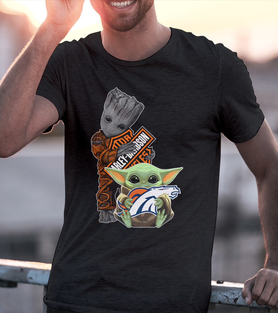 Baby Yoda Holding Broncos Logo Harley Davidson Guardians Of Galaxy Crossover T-Shirt