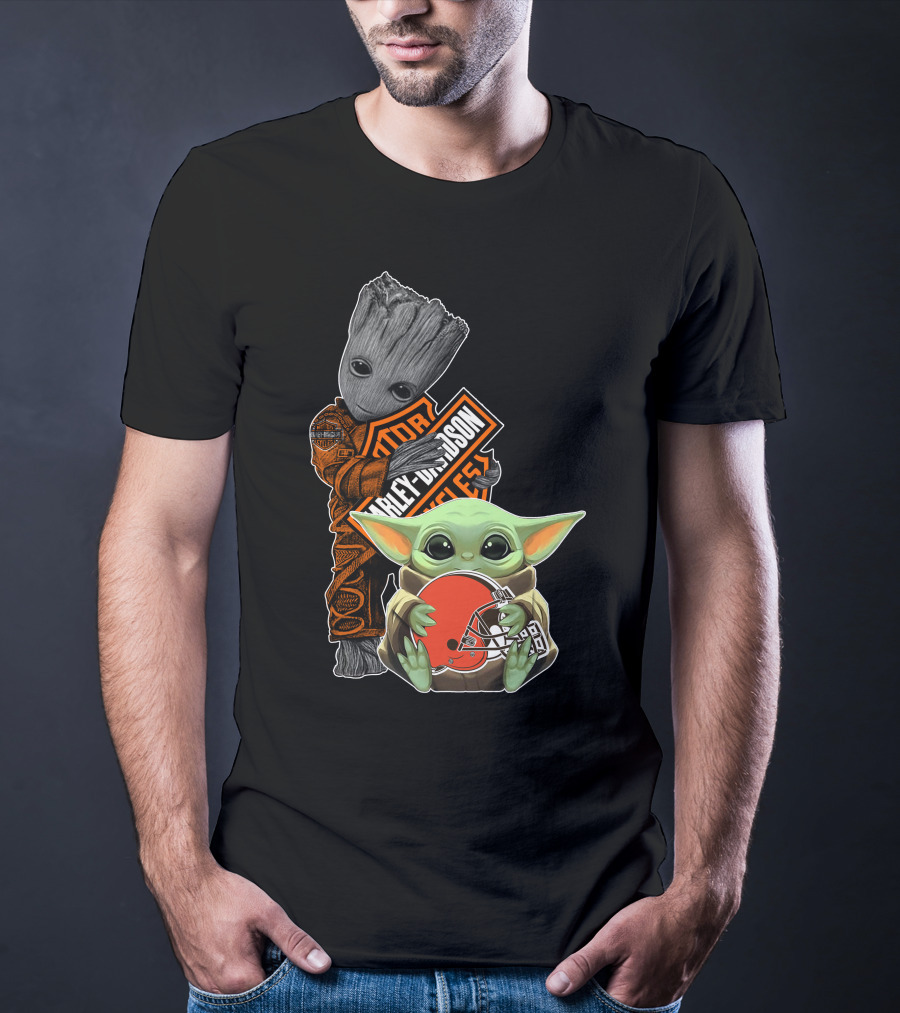 Groot Harley Davidson Baby Yoda Cleveland Browns T-Shirt