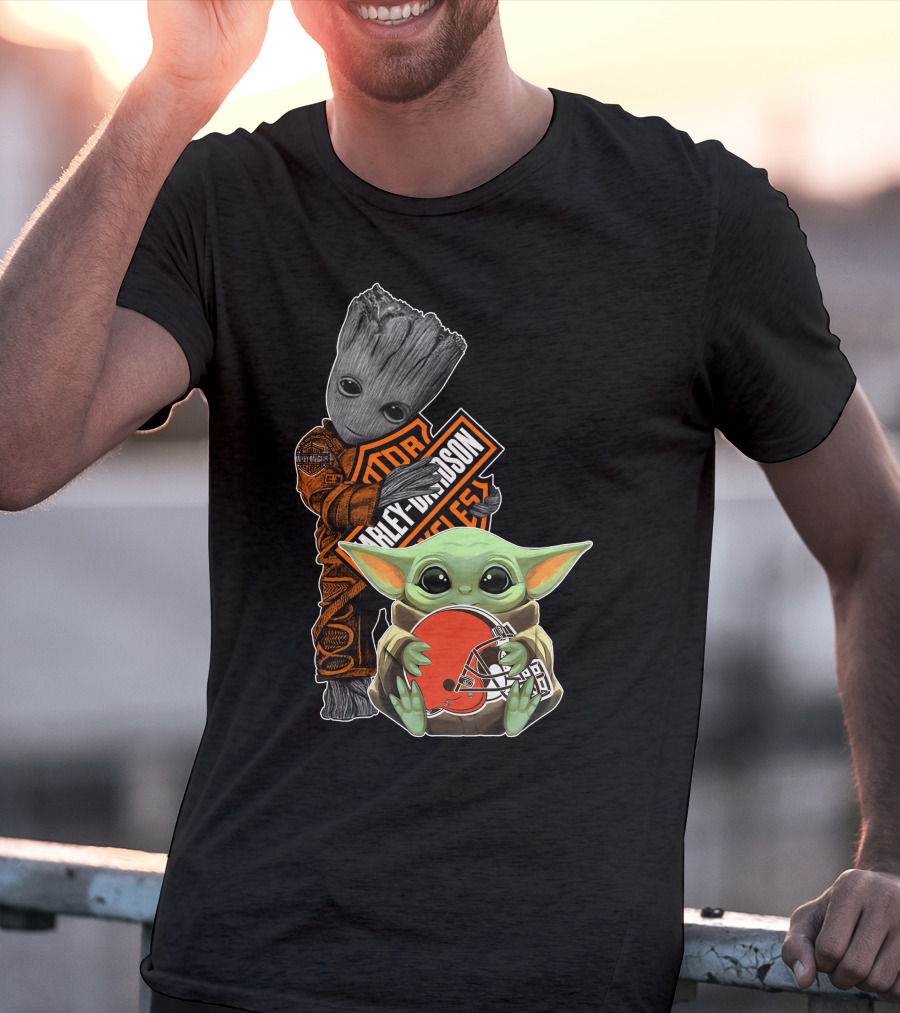 Groot Harley Davidson Baby Yoda Cleveland Browns T-Shirt