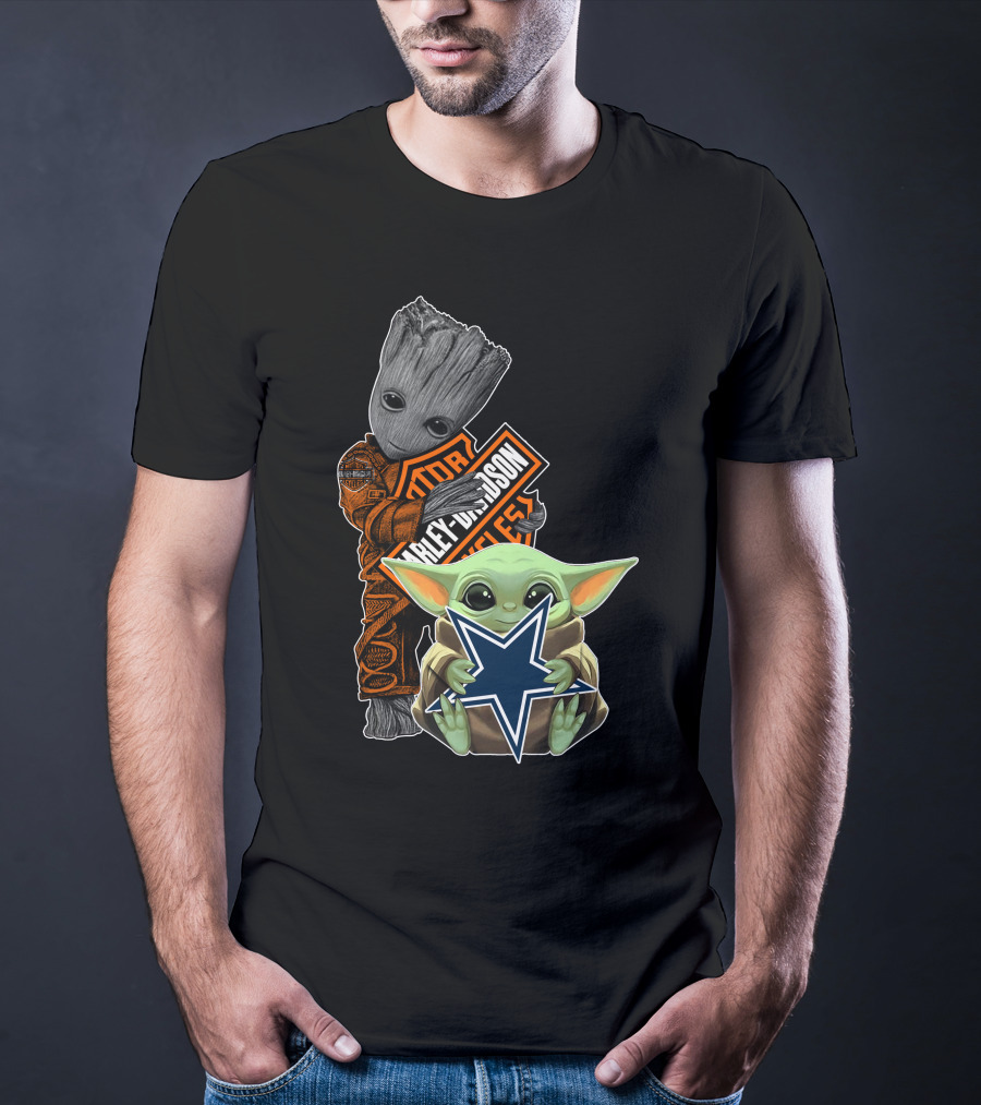 Groot Harley Davidson Star Holding Mandalorian Baby Yoda Cowboys T-Shirt