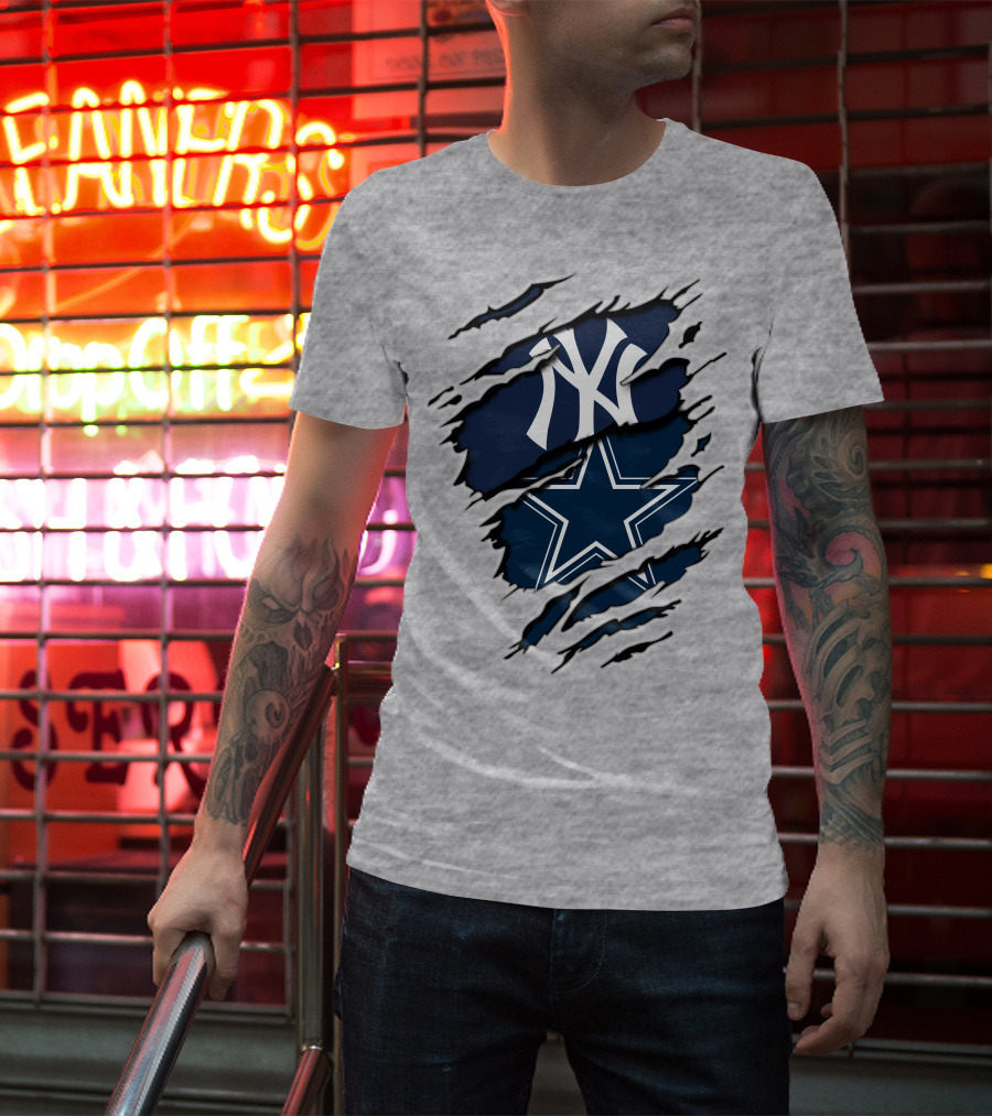 Cowboys Yankees Logo Mashup On Torn Background Gray T-Shirt