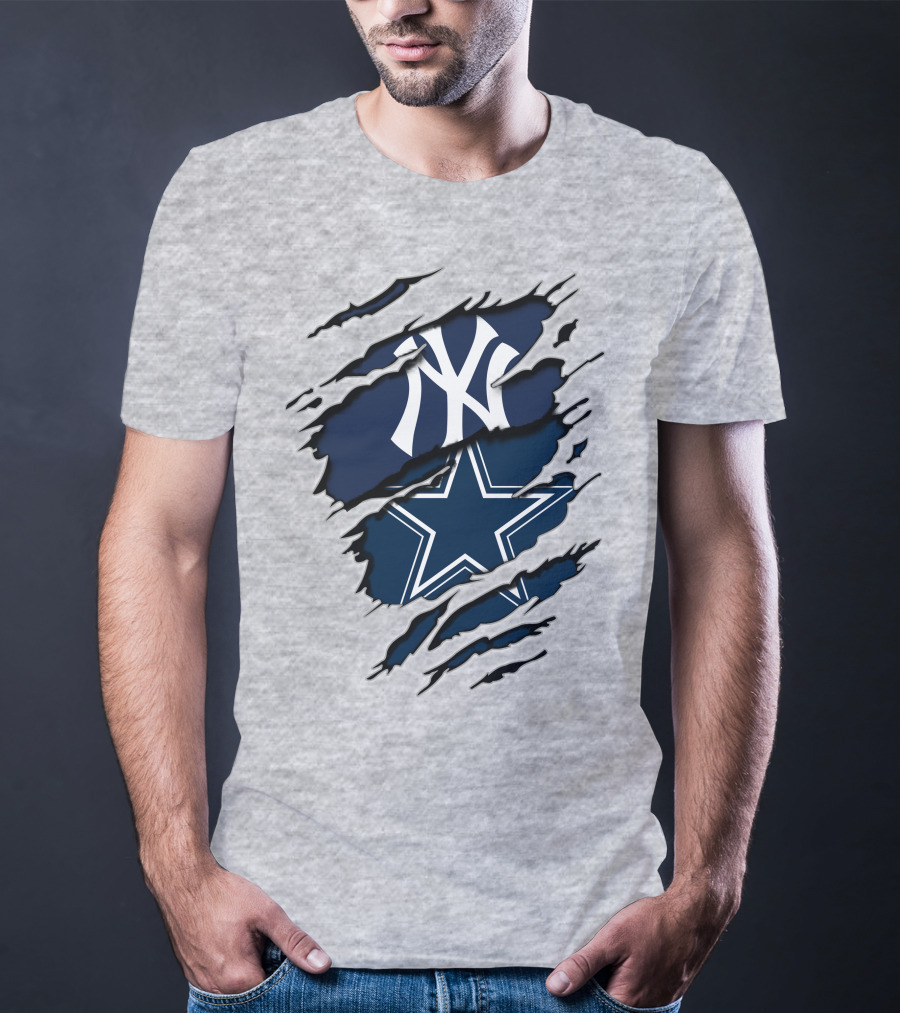 Cowboys Yankees Logo Mashup On Torn Background Gray T-Shirt