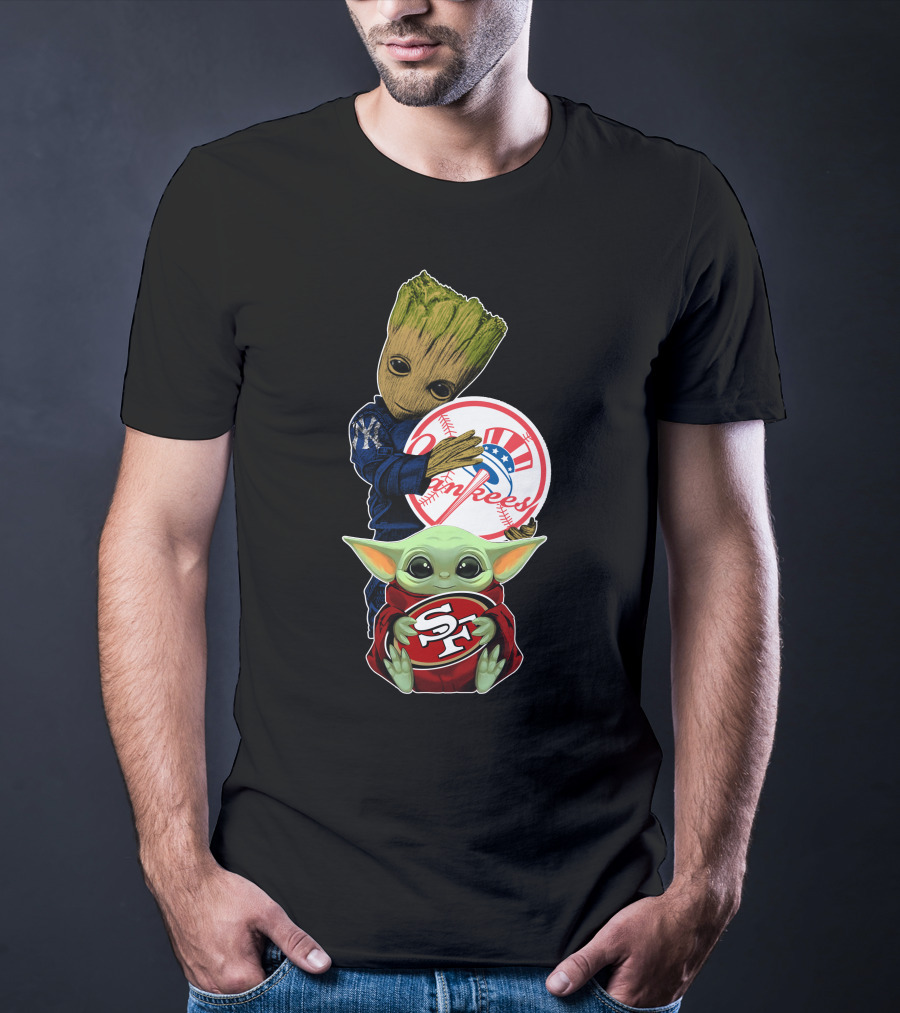 Groot Yankees Logo And Baby Yoda 49ers Sf Team Crossover T-Shirt