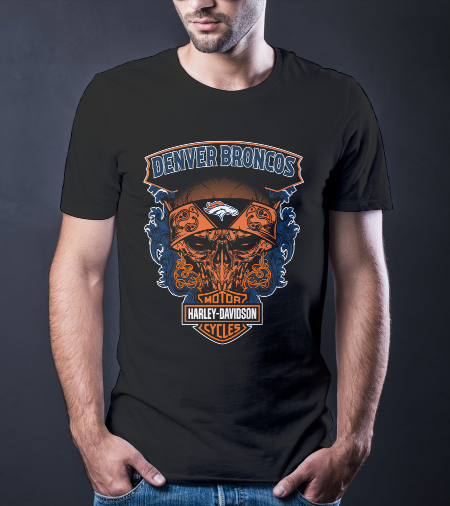 Denver Broncos Harley Davidson Motor Cycles Skull T-Shirt