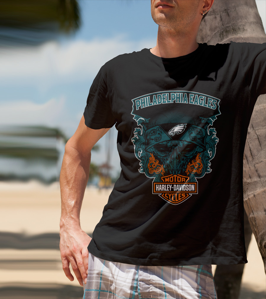 Philadelphia Eagles Harley Davidson Motorcycles Skull T-Shirt