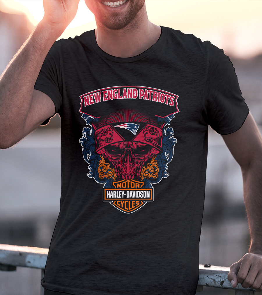 New England Patriots Skull Harley Davidson Motorcycles T-Shirt