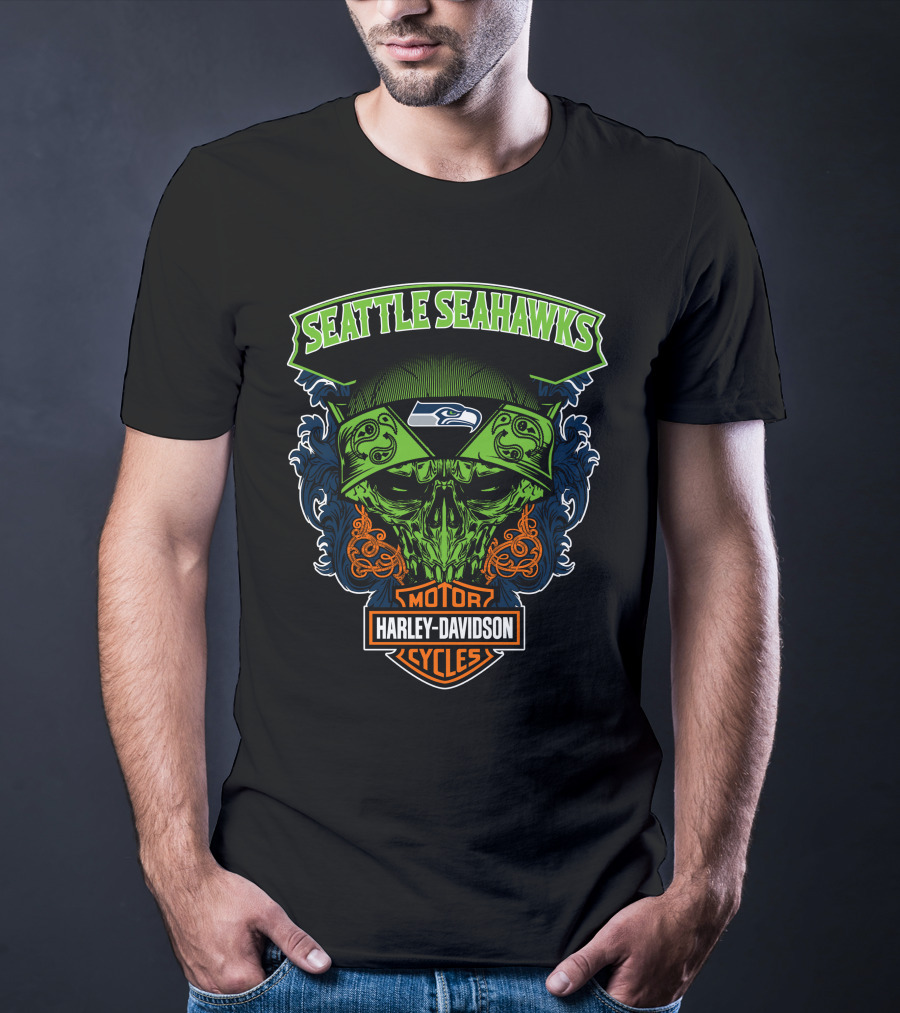 Seattle Seahawks Harley Davidson Skull Motor Cycles T-Shirt