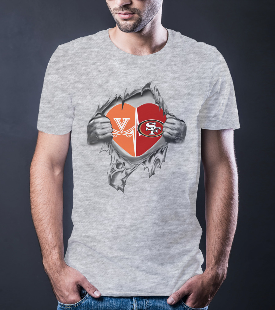 49Ers Cavaliers Heart With San Francisco And Virginia Logos Peeking Through Ripped Fabric T-Shirt