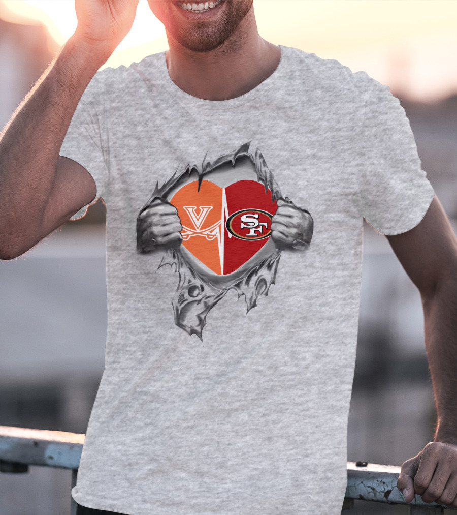 49Ers Cavaliers Heart With San Francisco And Virginia Logos Peeking Through Ripped Fabric T-Shirt