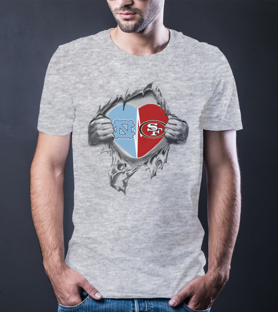 49Ers Tar Heels San Francisco UNC Heart Torn Fabric T-Shirt