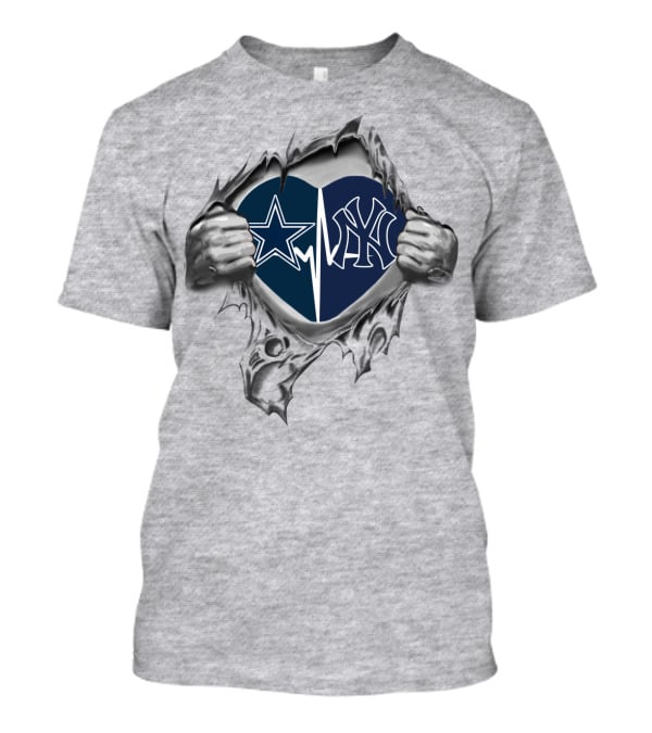 Cowboys Yankees Heart Icon Logos Ripped Metal T-Shirt