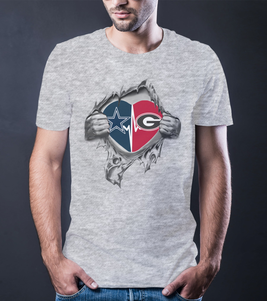 Cowboys Georgia Bulldogs Heartbeat Dual Logo Fan Love T-Shirt