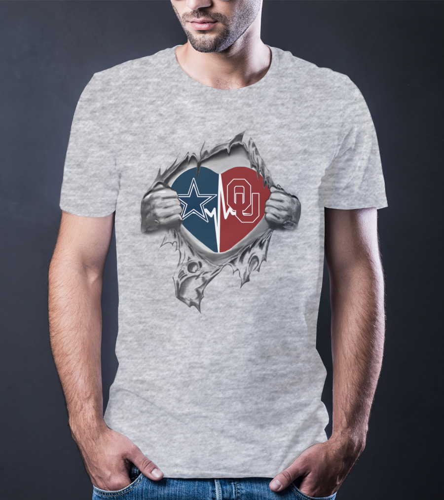 Cowboys Sooners Star And OU Heart Torn Hands T-Shirt