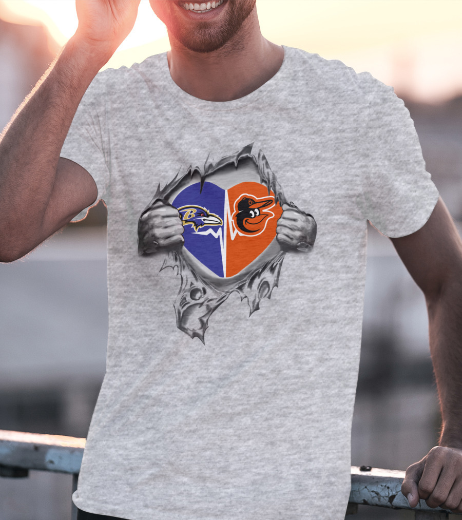 Ravens Orioles Heart Embrace Dual Logos T-Shirt