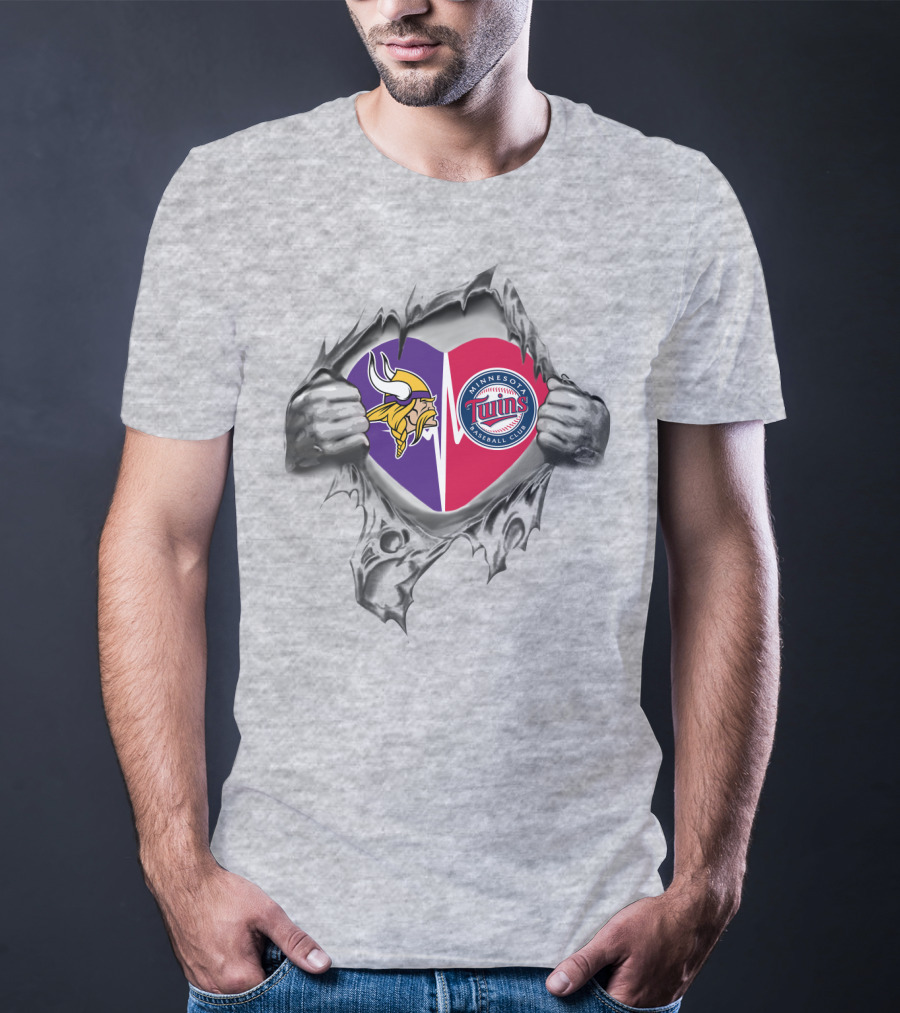 Vikings Twins Minnesota Baseball Football Heart Torn T-Shirt