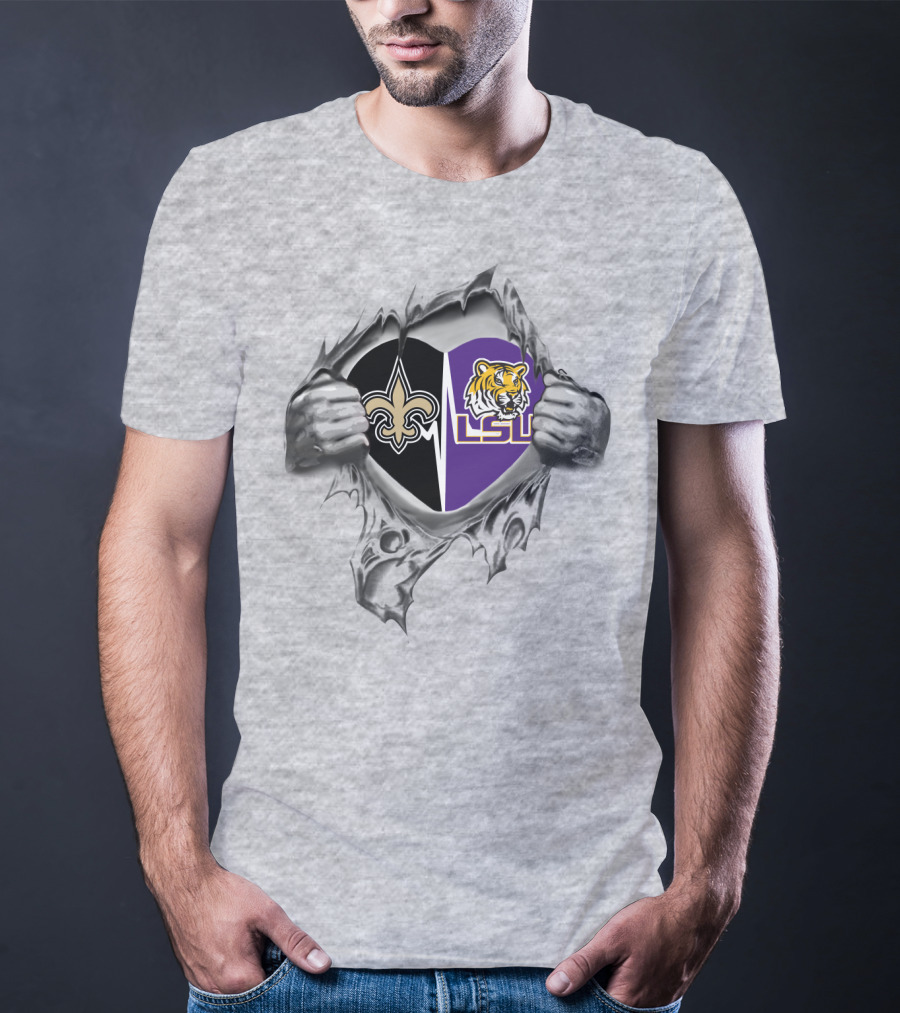 Saints And LSU Heart Logo Design With Fleur-de-Lis And Tiger Emblem T-Shirt