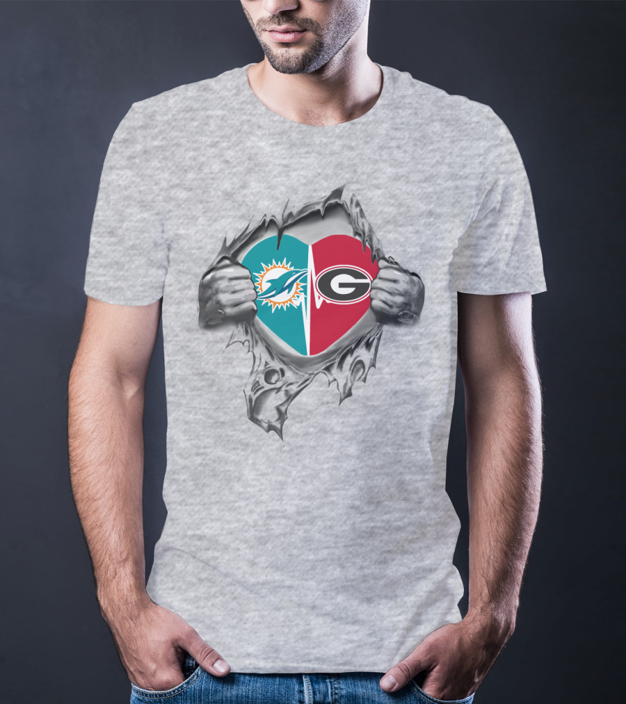 Dolphins Georgia Bulldogs Heart Split Logo Fan Pride T-Shirt