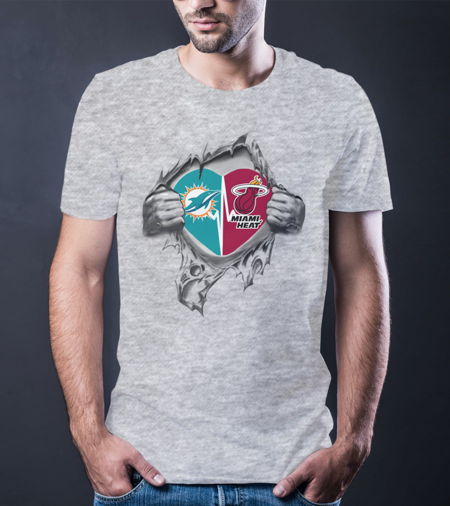 Miami Dolphins And Miami Heat Heart Torn Open Logo Passion T-Shirt
